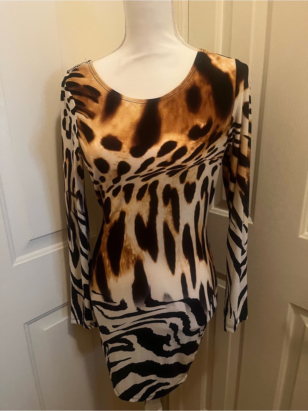 Women’s Long Sleeve Animal Print Bodycon Top - Brown/Black/White